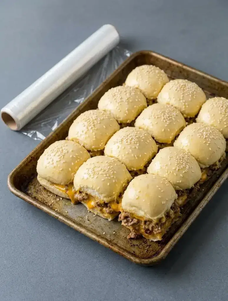 A pan of unbaked cheeseburger sliders assembled in a baking dish, ready to be covered and refrigerated, sitting on a kitchen counter.