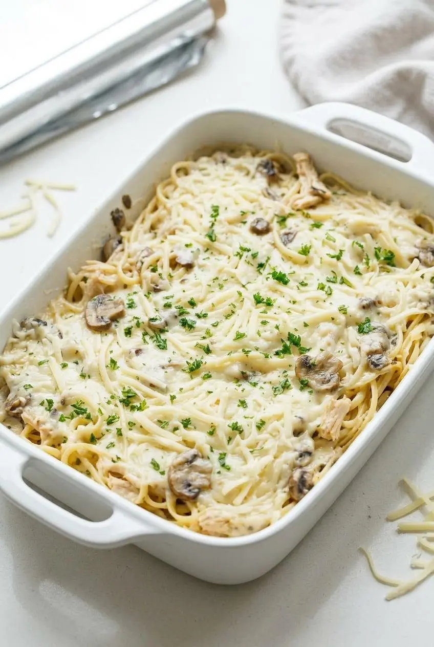An unbaked chicken tetrazzini casserole assembled in a white baking dish, topped with shredded mozzarella, ready to be stored.