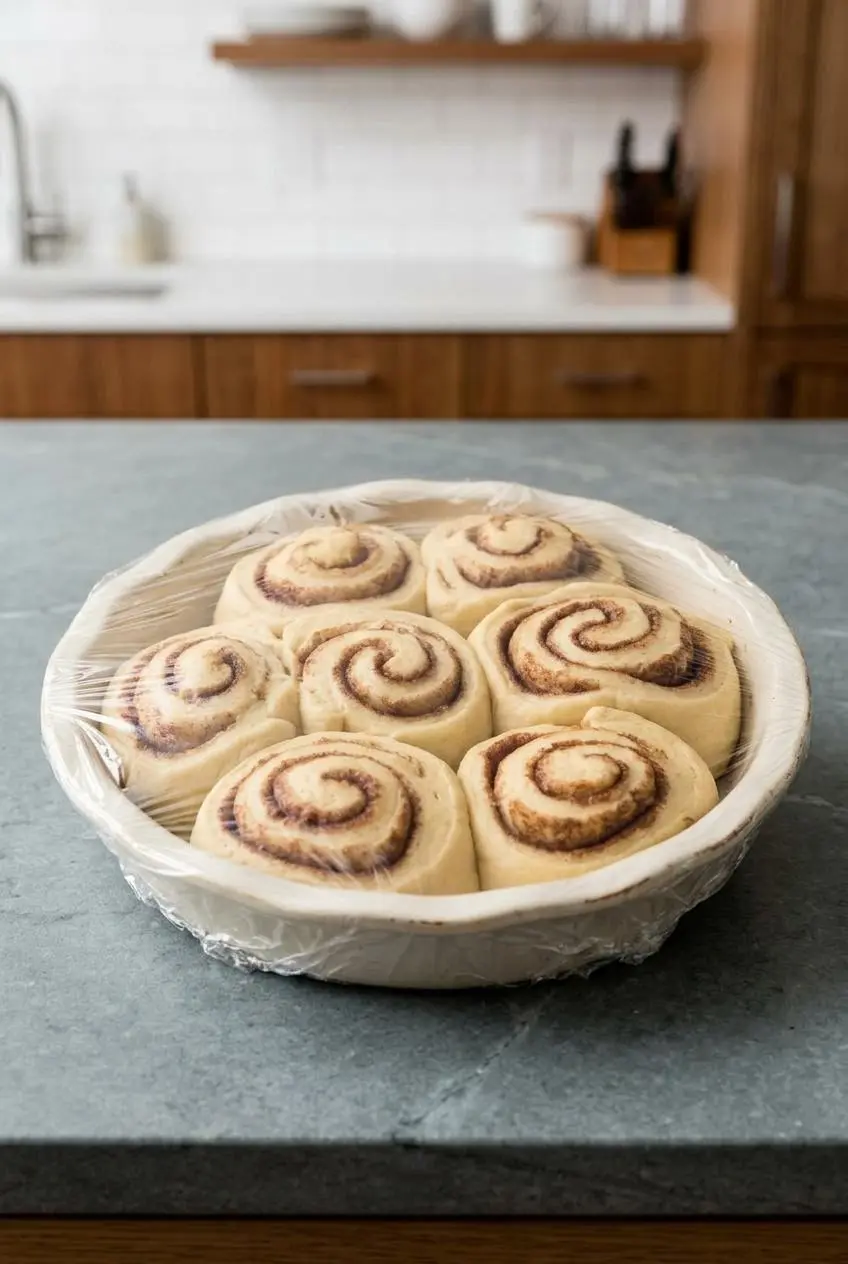 A baking pan of unbaked, shaped cinnamon rolls covered with plastic wrap, ready for overnight refrigeration.
