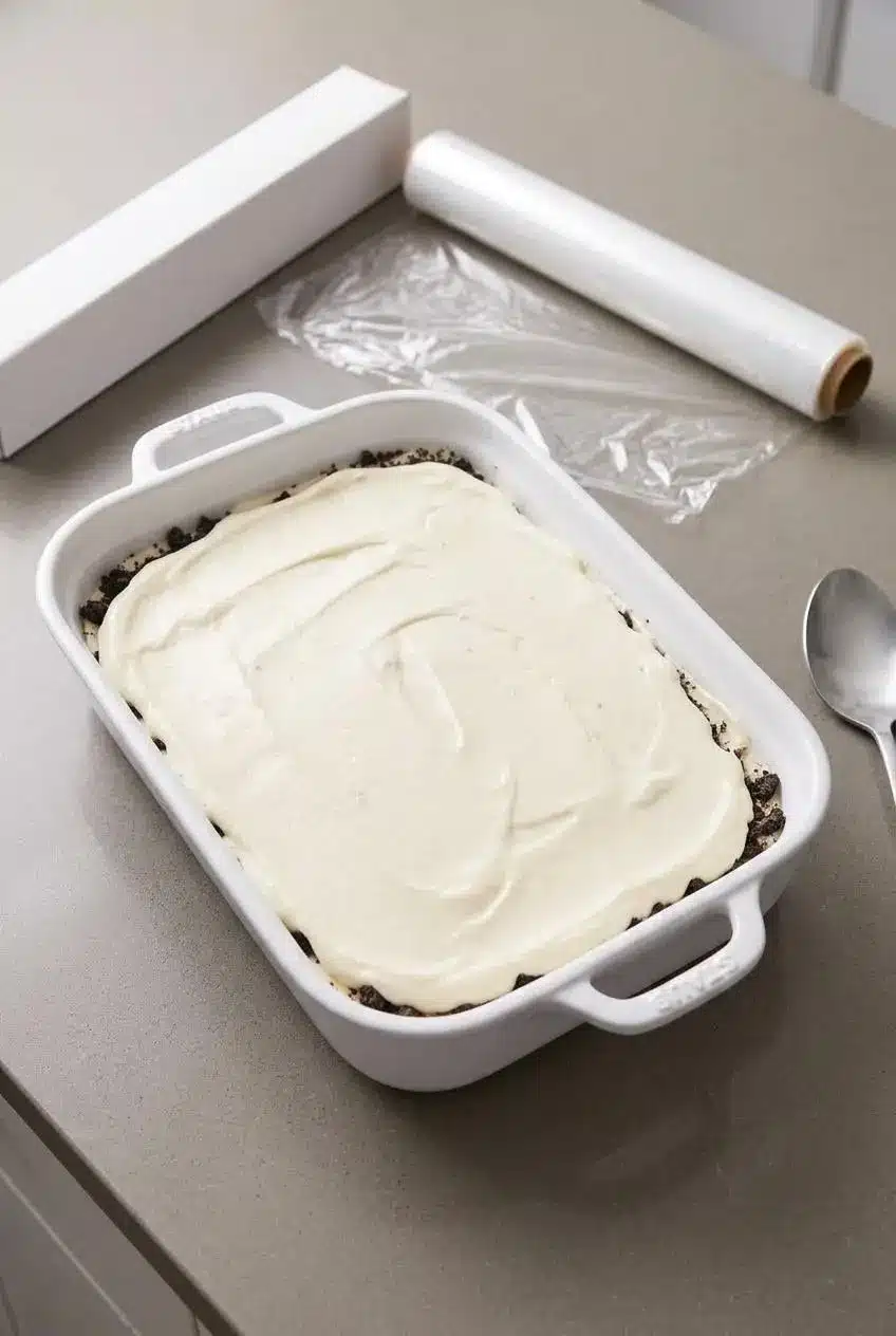 A rectangular dish with the base layer of dirt cake filling, ready to be covered with plastic wrap and refrigerated before the final topping