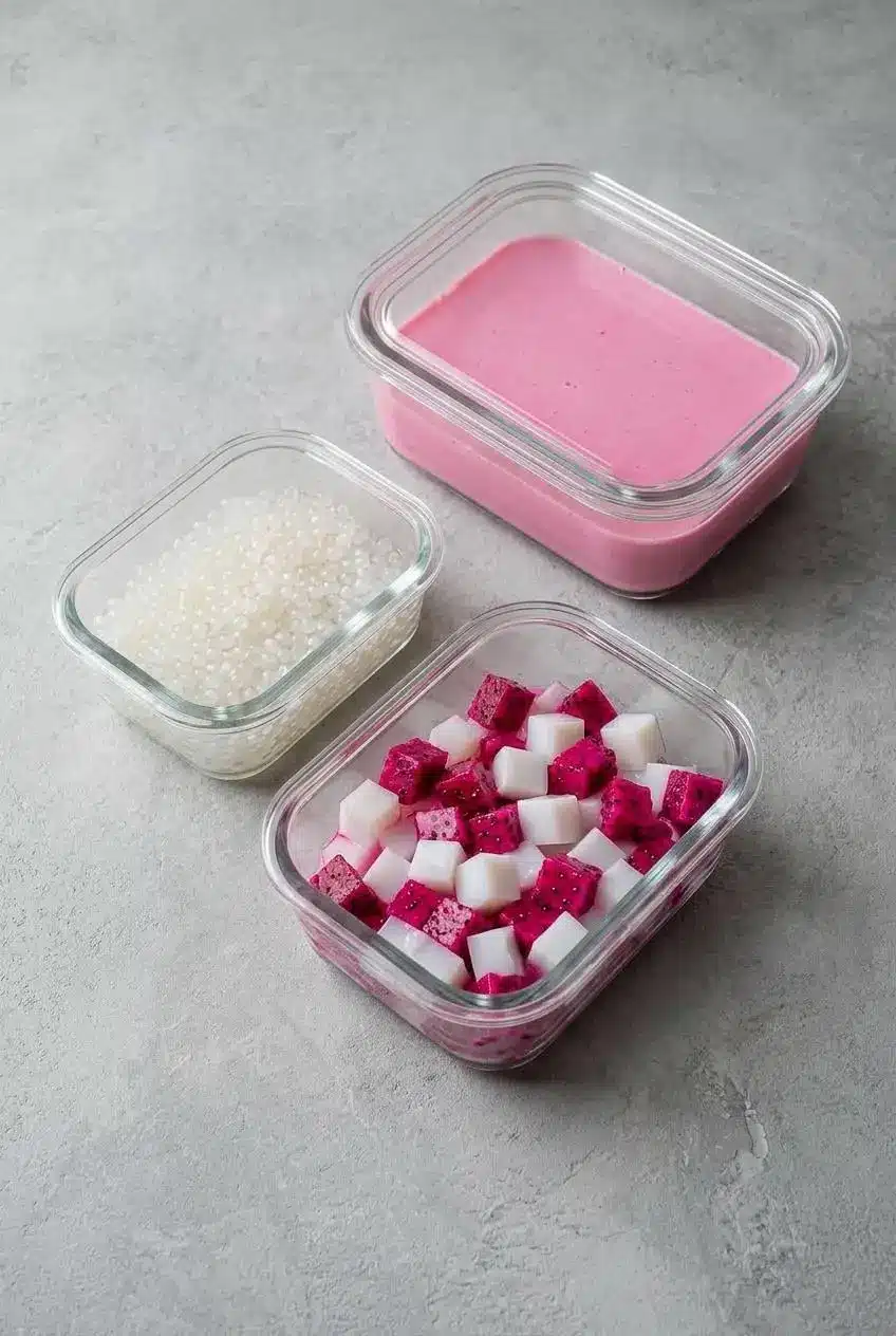 Three clear glass containers on a countertop showing how to store dragonfruit sago components separately: cooked sago, mixed jellies, and
