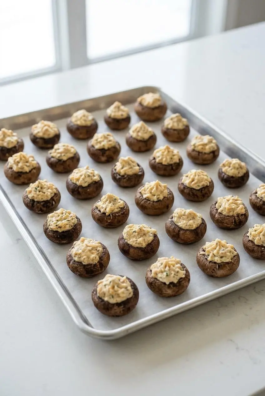 Unbaked cream cheese stuffed mushrooms arranged neatly in rows on a parchment-lined metal baking sheet, ready to be frozen.