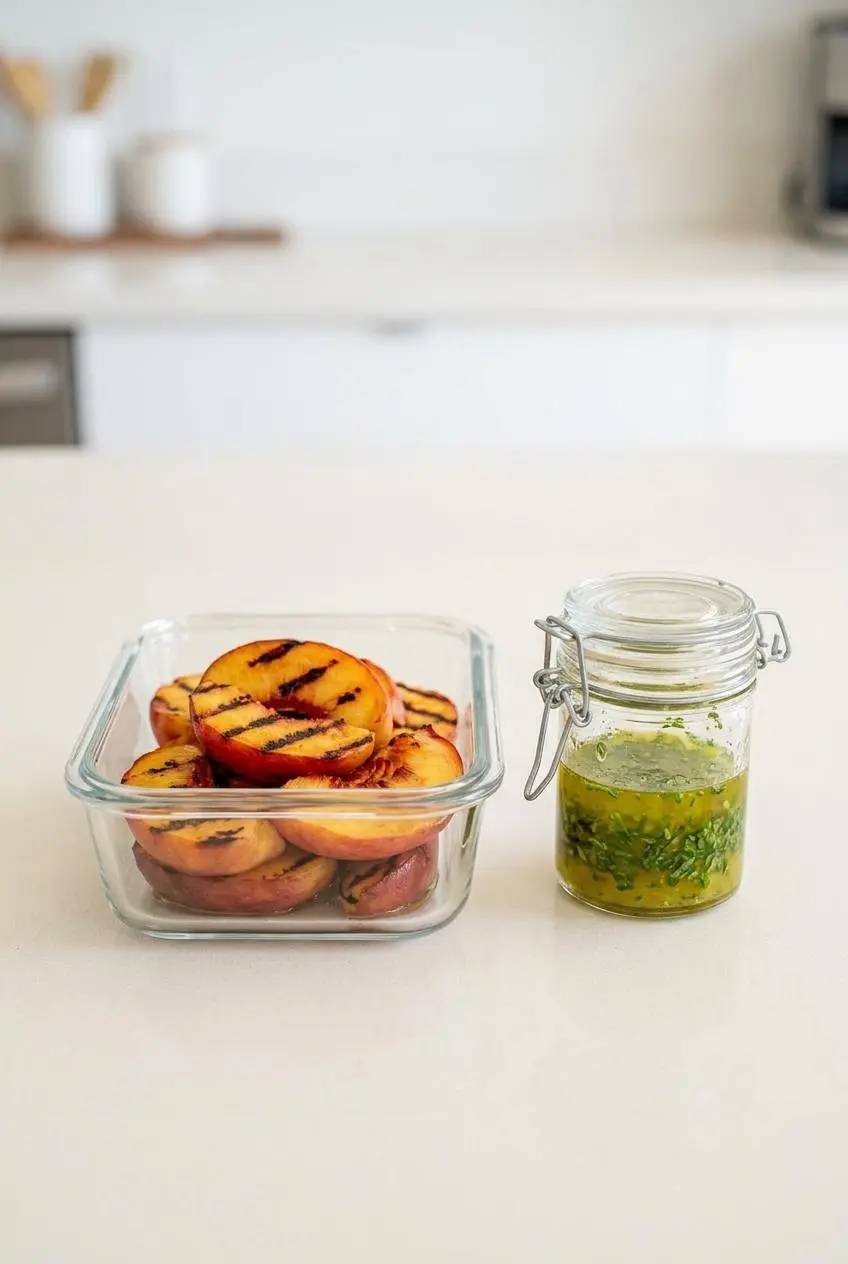 Prepped components for nectarine salad: a glass container of grilled nectarine slices and a sealed jar of lemon-herb vinaigrette.