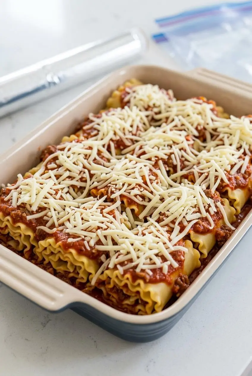 A 9x13-inch baking dish filled with assembled but unbaked lasagna roll ups, topped with marinara sauce and shredded mozzarella cheese, ready