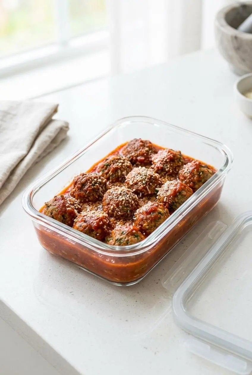 Cooked meatballs in rich tomato sauce in a rectangular glass container, ready for storage or meal prep.