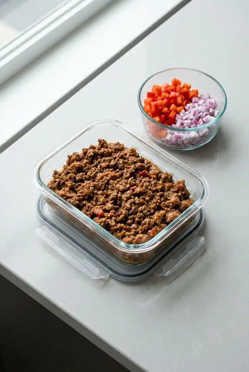 A sealed glass container with cooked nacho meat mixture and a prep bowl with chopped peppers and onions, ready for storage.