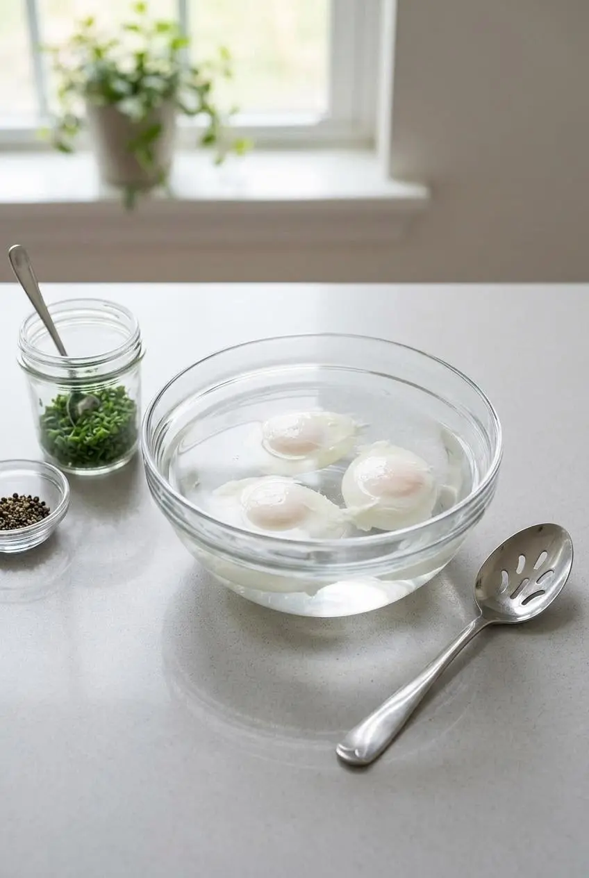 Three perfectly poached eggs stored in a clear glass bowl of cool water on a quartz countertop, demonstrating a make-ahead brunch tip.