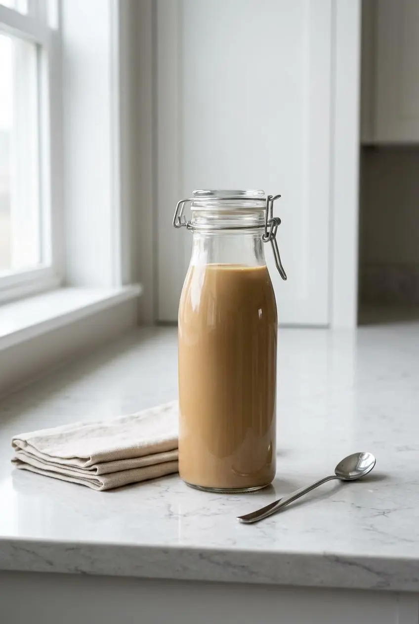 Prepared protein coffee mixture stored for make-ahead use in a sealed glass bottle with a clamp lid on a kitchen counter.