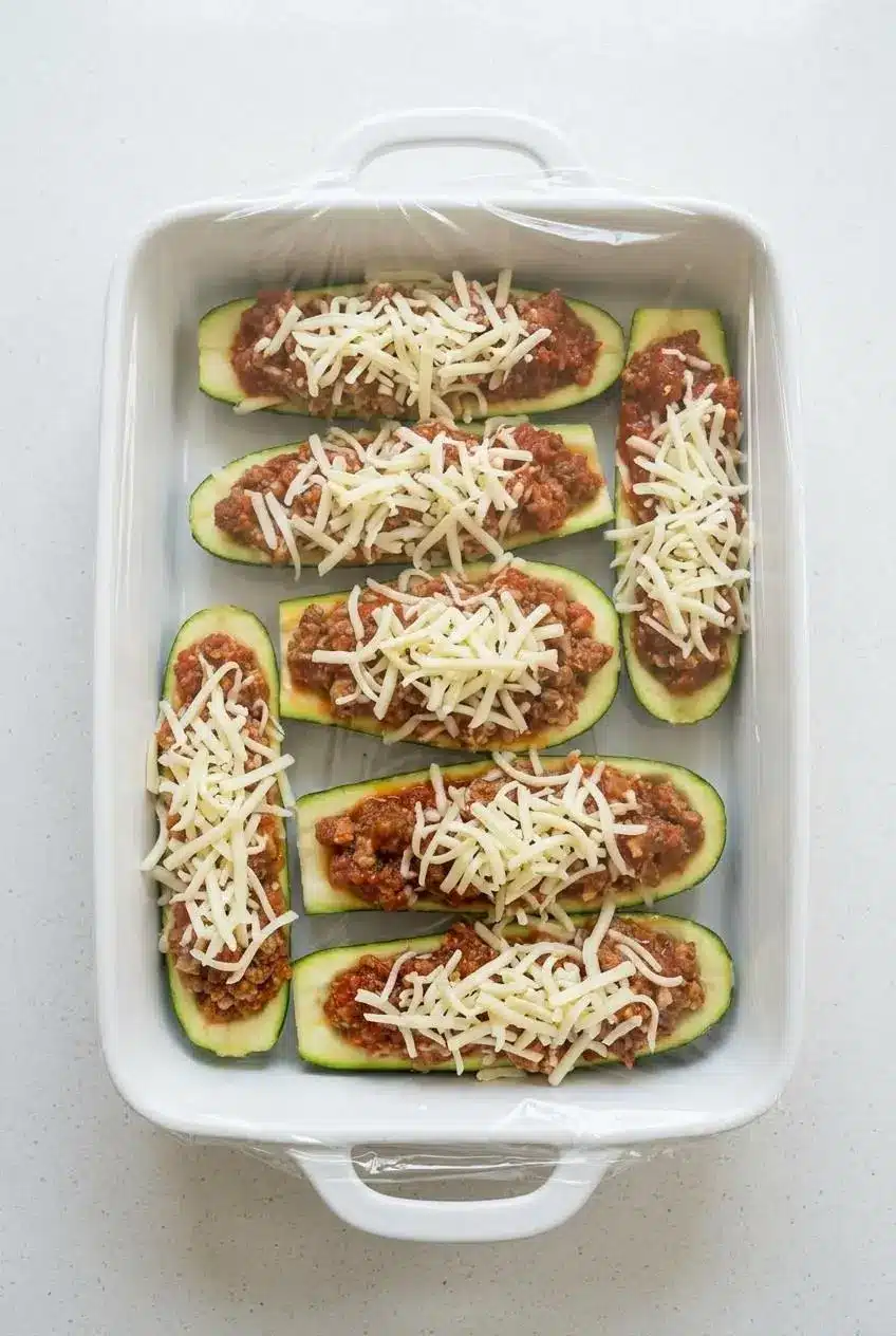 A white baking dish with assembled, unbaked stuffed zucchini boats covered neatly in plastic wrap, ready for refrigeration.