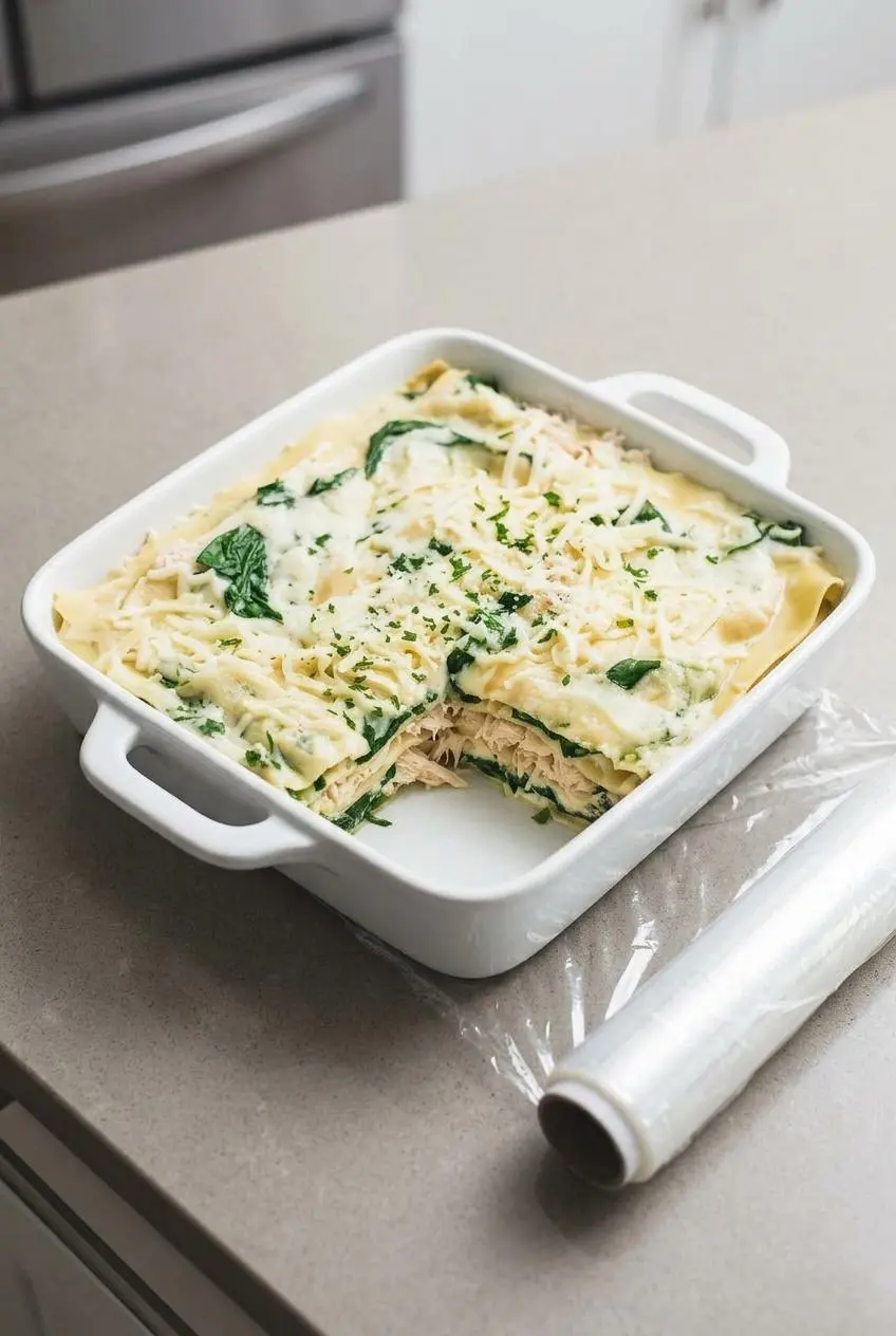 An unbaked white chicken lasagna in an 8x8 baking dish on a kitchen counter, ready to be covered for storage.