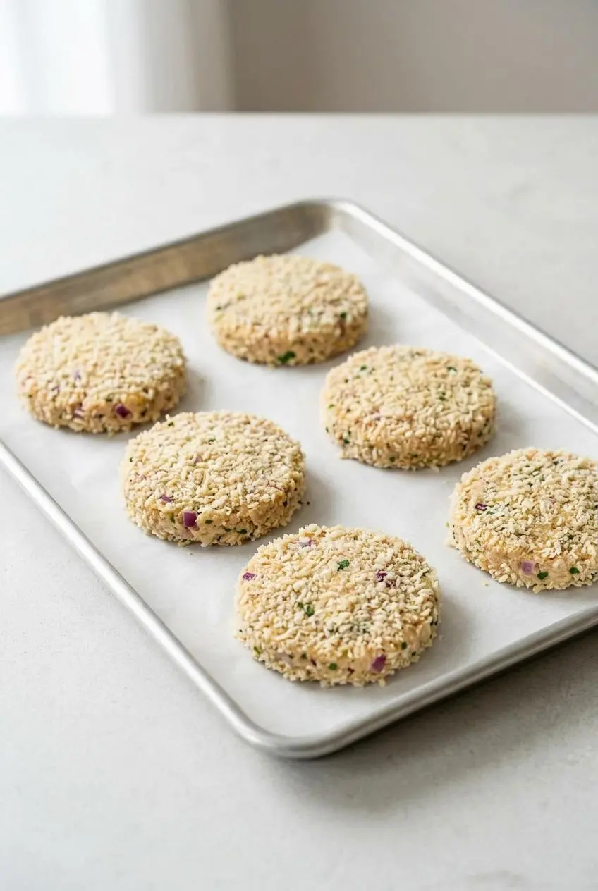 Six uncooked, panko-coated tuna patties arranged on a parchment-lined baking sheet, ready for chilling or freezing.