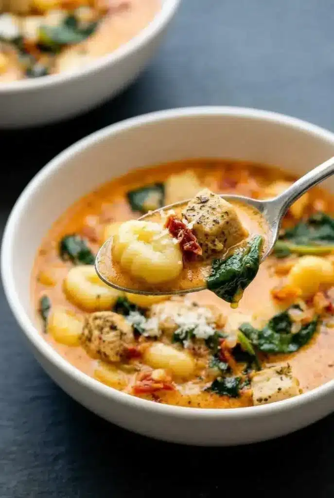 A close-up of a spoonful of Marry Me Chicken Soup, showing the silky, orange-hued broth clinging to a gnocchi and piece of chicken.