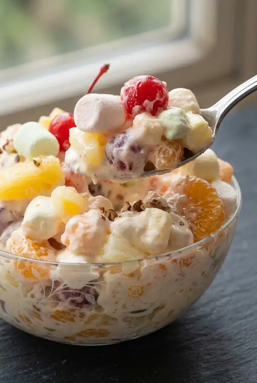 A close-up texture shot of marshmallow fruit salad, with a spoon lifting a scoop to show the creamy, cohesive texture without any watery