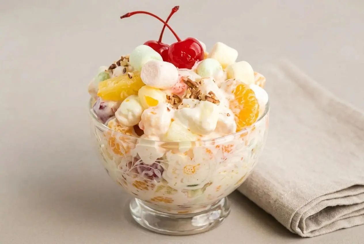 A glass bowl filled with creamy Marshmallow Fruit Salad, showing mandarin oranges, pineapple, and colorful mini marshmallows.