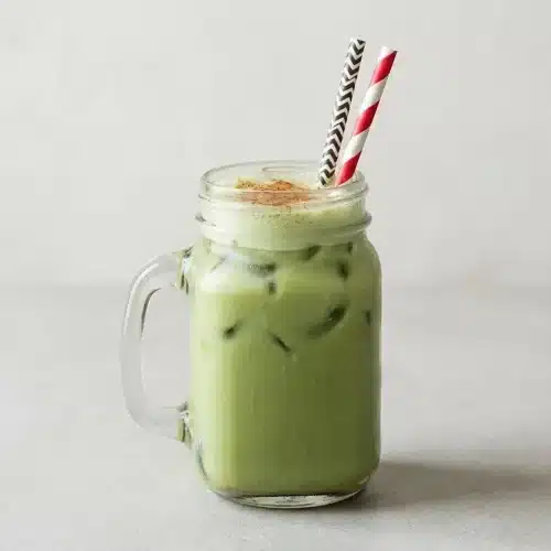 A tall glass of iced Matcha Horchata Recipe, showing a creamy green and white swirl and garnished with a sprinkle of cinnamon.