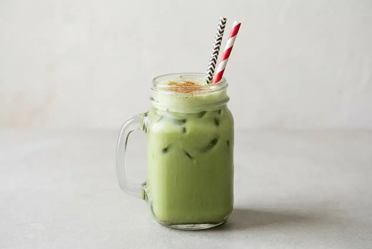 A tall glass of iced Matcha Horchata Recipe, showing a creamy green and white swirl and garnished with a sprinkle of cinnamon.