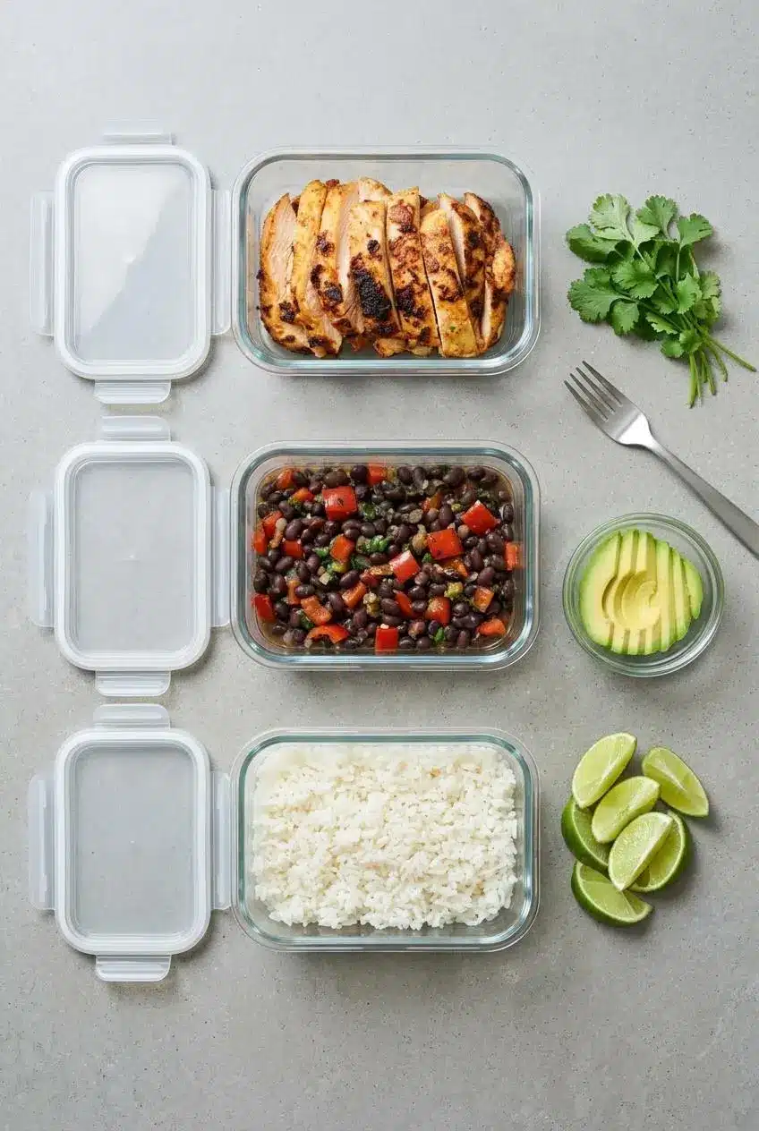 Top-down view of three glass meal prep containers holding cooked taco chicken, black beans, and white rice separately.