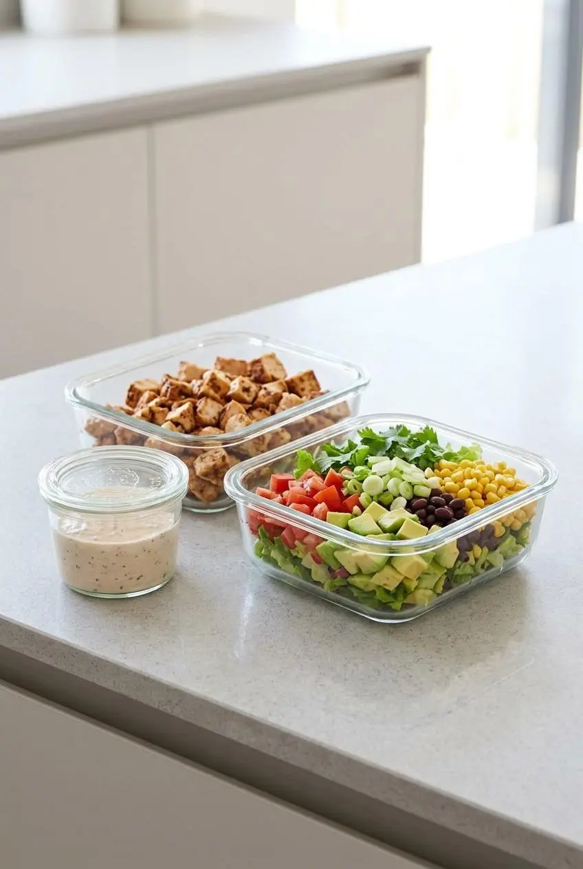 Meal prep containers on a kitchen counter with separated chicken taco salad ingredients: chicken, lettuce, and dressing.
