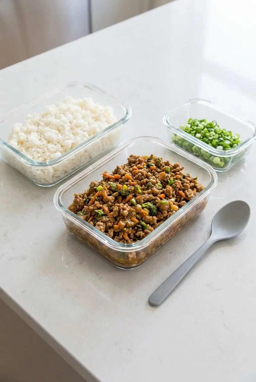Three glass meal prep containers on a kitchen counter, with the saucy ground turkey mixture, cooked rice, and green onion garnish stored