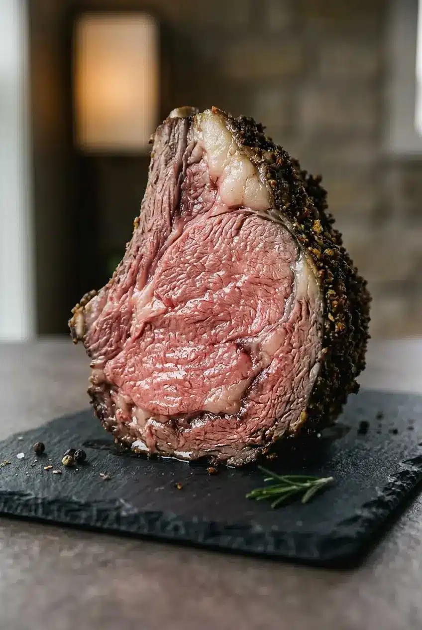 A close-up macro shot of a thick slice of medium-rare prime rib, showing its juicy rosy-pink center and dark herb crust.