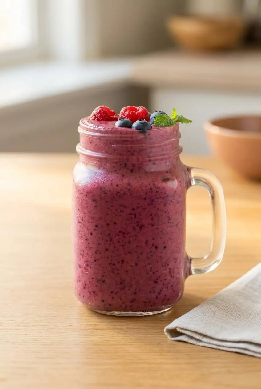 A single glass of a freshly made mixed berry smoothie on a sunlit wooden table next to a linen napkin.