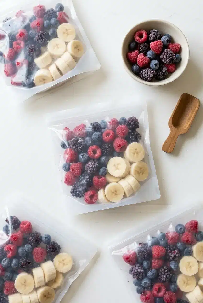 A top-down view of two clear freezer bags filled with portions of frozen mixed berries and banana slices for smoothie prep.