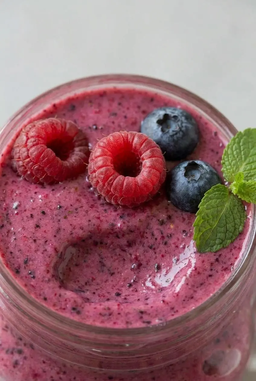 An extreme close-up of a mixed berry smoothie, showing its thick, velvety texture and tiny flecks of berry seeds.
