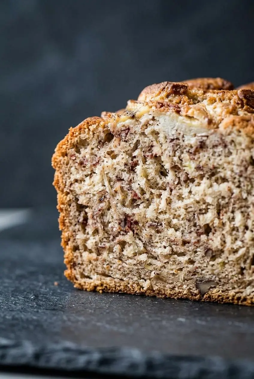 Extreme close-up of a slice of banana bread, showing the moist and fluffy texture of the crumb against a dark slate background.