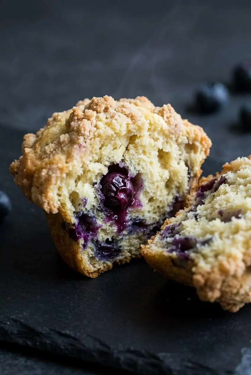 A single blueberry muffin split open to reveal its moist and fluffy interior crumb, with a burst blueberry visible.