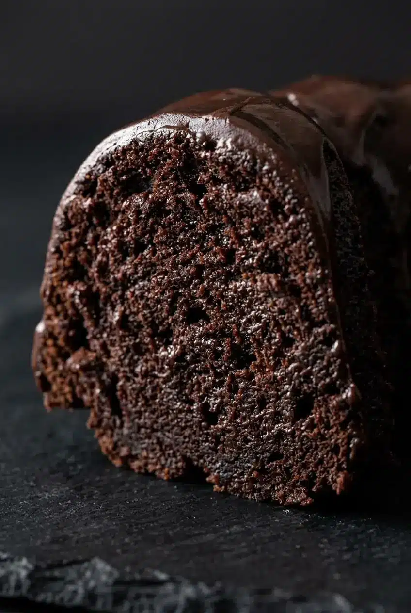 Extreme close-up of a slice of chocolate cake, showing the super moist, tender, and fine crumb structure against a dark background.