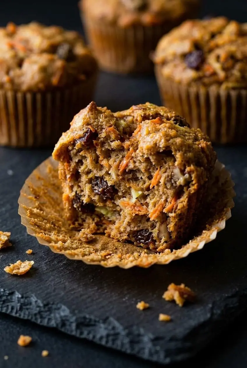 A close-up of a morning glory muffin split in half, revealing a moist and tender crumb with visible shreds of carrot, apple, and raisins.