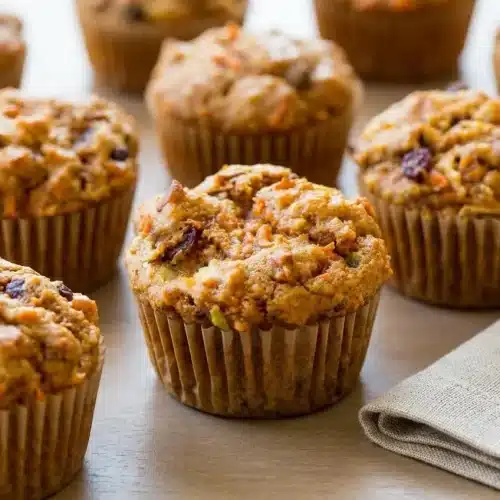 A platter of freshly baked morning glory muffins with tall, domed tops, ready for breakfast.