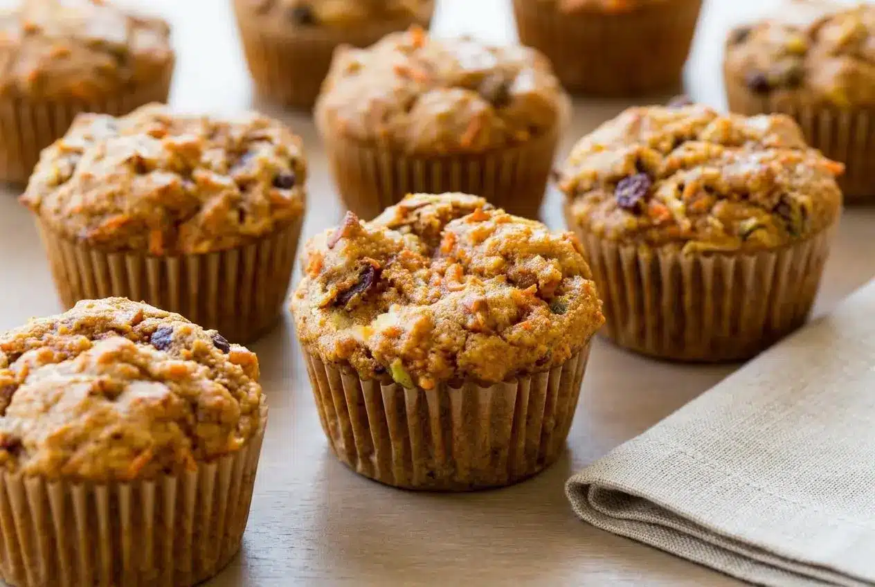 A platter of freshly baked morning glory muffins with tall, domed tops, ready for breakfast.