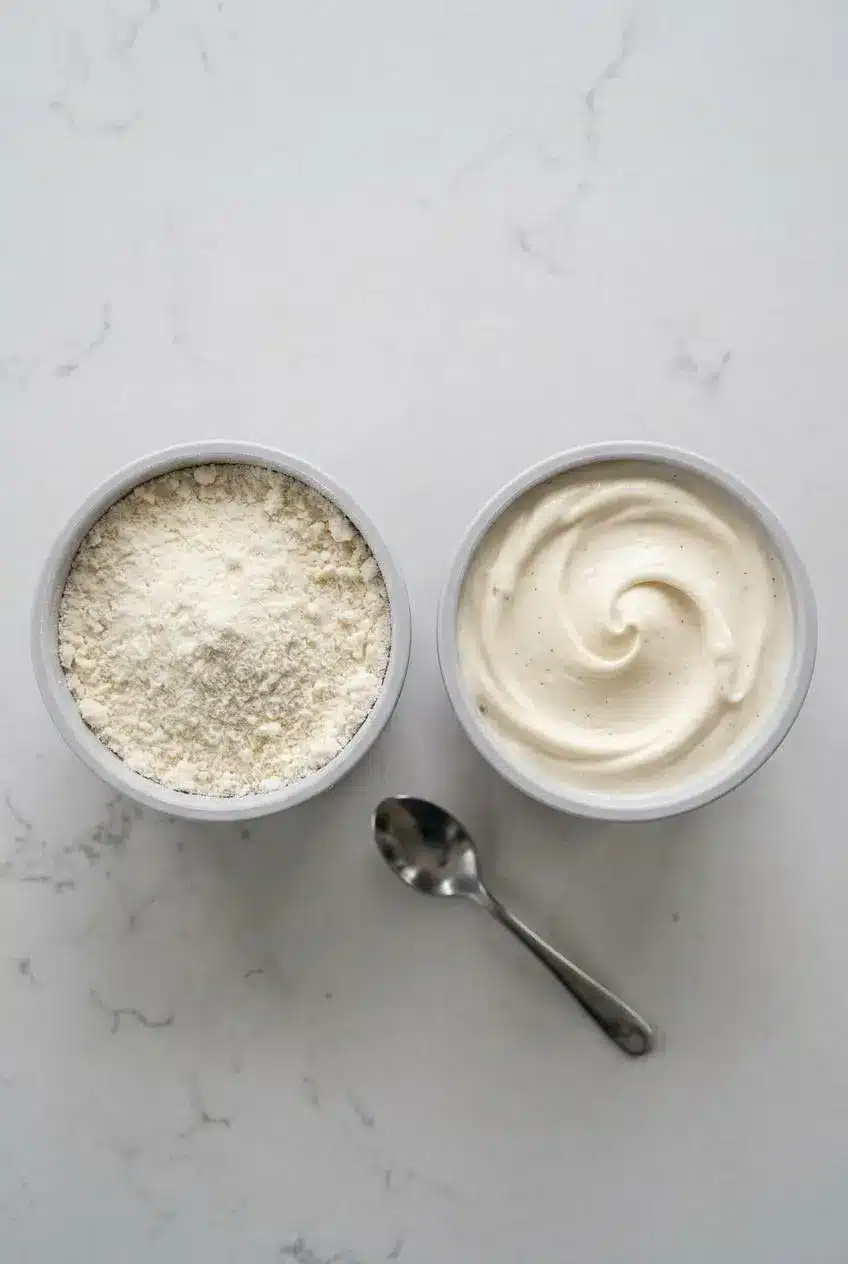 A side-by-side comparison of two Ninja Creami pints: one shows crumbly, powdery ice cream before a re-spin, and the other shows smooth