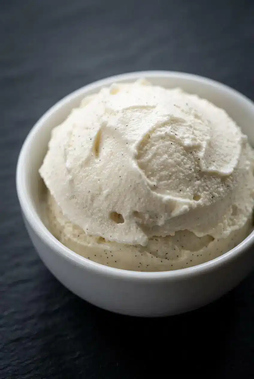 Extreme close-up macro shot of a single scoop of vanilla ice cream, highlighting its dense, silky-smooth texture and visible vanilla bean