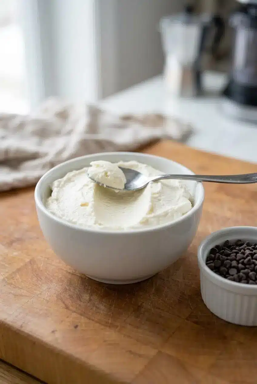 A bowl of vanilla ice cream with a channel carved down the middle, next to a small dish of mini chocolate chips, ready for the Mix-In