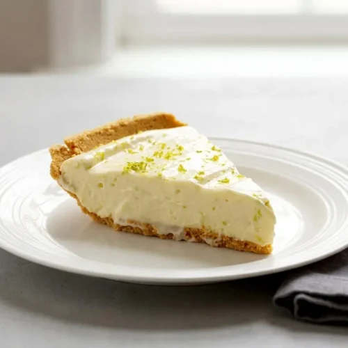 A slice of creamy No Bake Key Lime Pie in a buttery graham cracker crust topped with whipped cream.