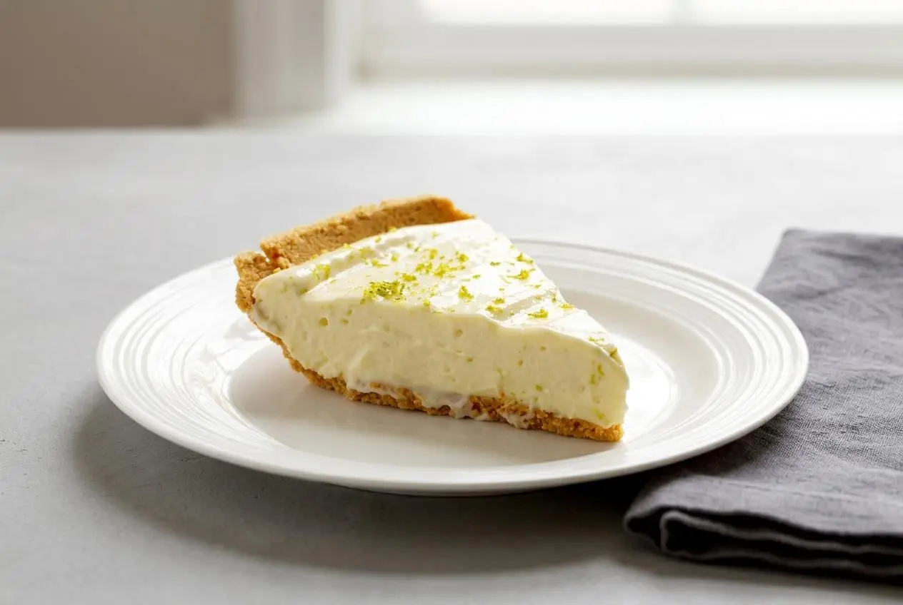 A slice of creamy No Bake Key Lime Pie in a buttery graham cracker crust topped with whipped cream.