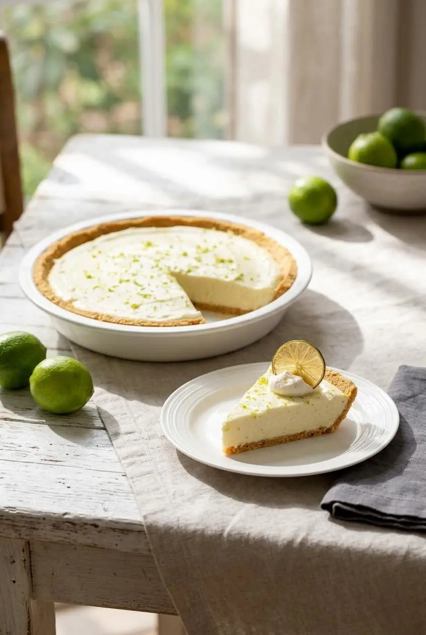 A slice of key lime pie served on a white plate with a dollop of whipped cream in a sunny summer setting.