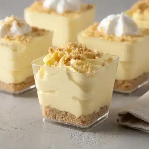 No-Bake Lemon Cheesecake Mousse Cups in clear glasses with layers of creamy yellow mousse and buttery graham cracker crumbs.