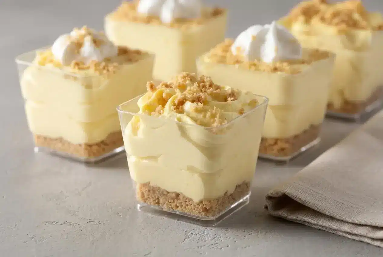 No-Bake Lemon Cheesecake Mousse Cups in clear glasses with layers of creamy yellow mousse and buttery graham cracker crumbs.