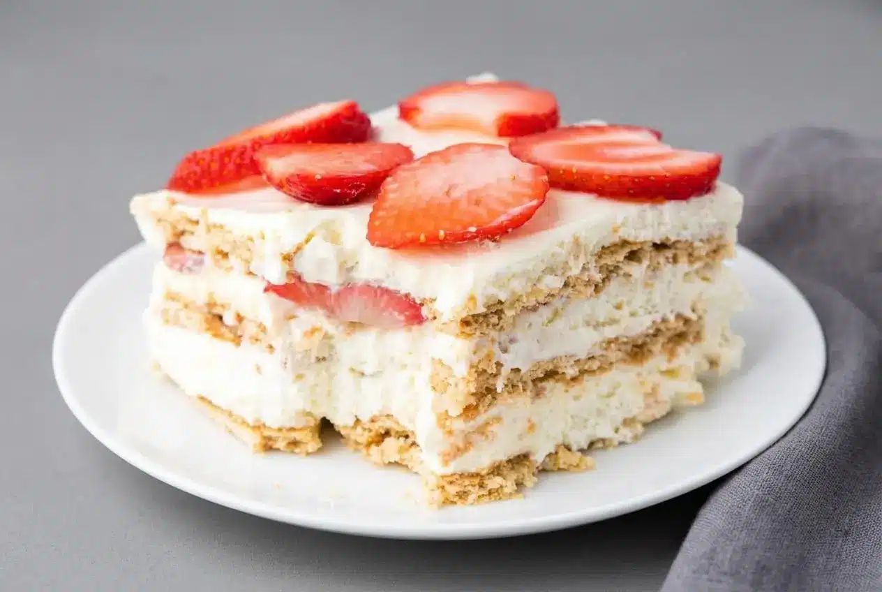 A slice of No Bake Strawberry Cheesecake Icebox Cake showing creamy layers, fresh strawberries, and soft graham crackers.