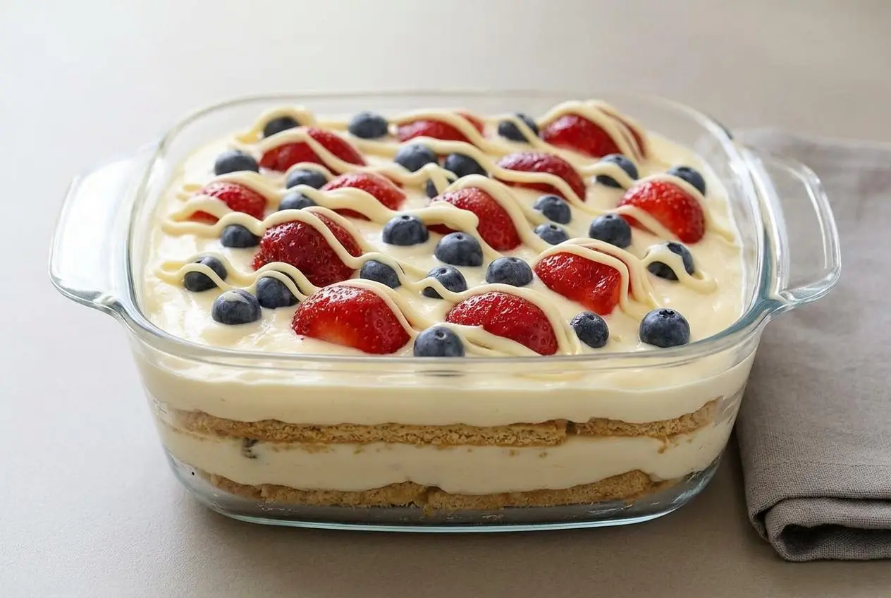 Sliced no-bake summer berry icebox cake with layers of graham crackers, vanilla cream, fresh strawberries, and blueberries.