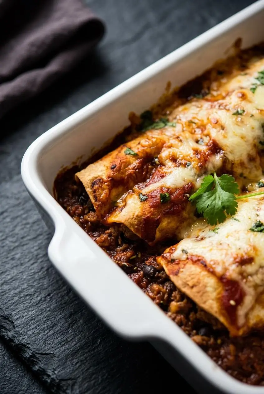 A close-up corner view of baked beef enchiladas, showing how the thick red sauce clings to the tortilla and the cheese is melted and