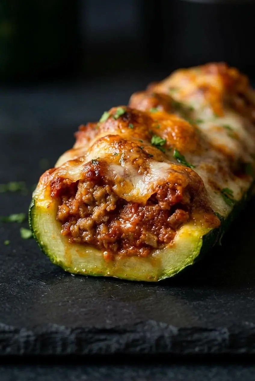 Extreme close-up of a single stuffed zucchini boat showing the thick, rich texture of the sausage filling and the tender edge of the