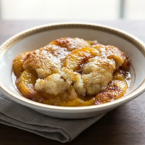 Golden brown old fashioned peach cobbler with bubbly caramelized edges and sweet sliced peaches in a baking dish.