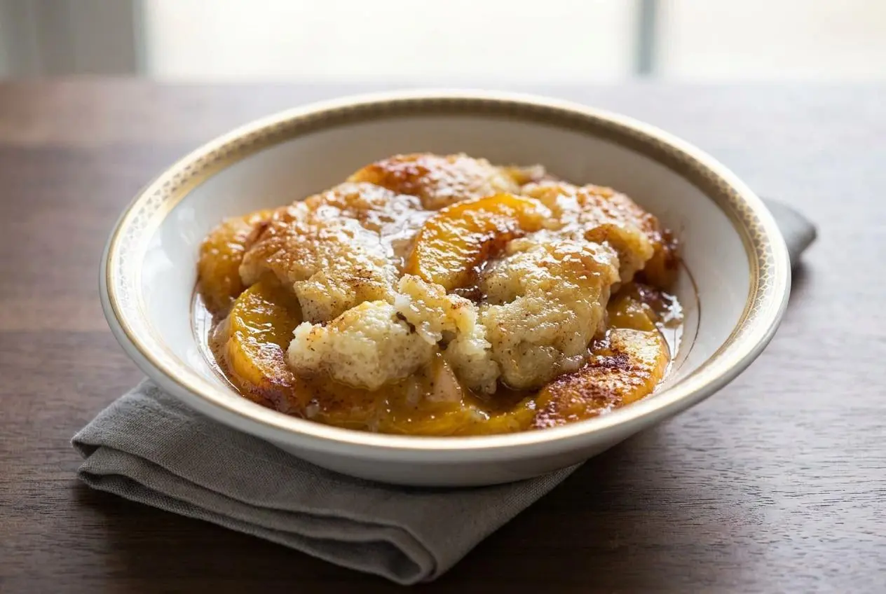 Golden brown old fashioned peach cobbler with bubbly caramelized edges and sweet sliced peaches in a baking dish.