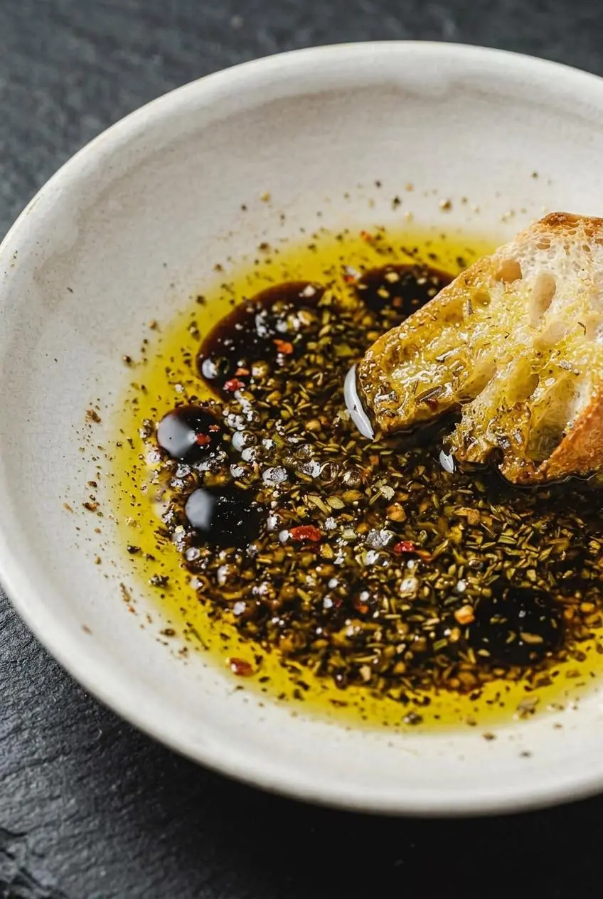 A macro close-up of olive oil bread dip, showing the texture of hydrated Italian herbs, red pepper flakes, and dark pools of balsamic