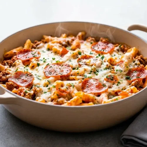 One Pot Pizza Pasta Bake in a blue Dutch oven, topped with bubbly, golden-brown broiled mozzarella cheese and crisp pepperoni slices.