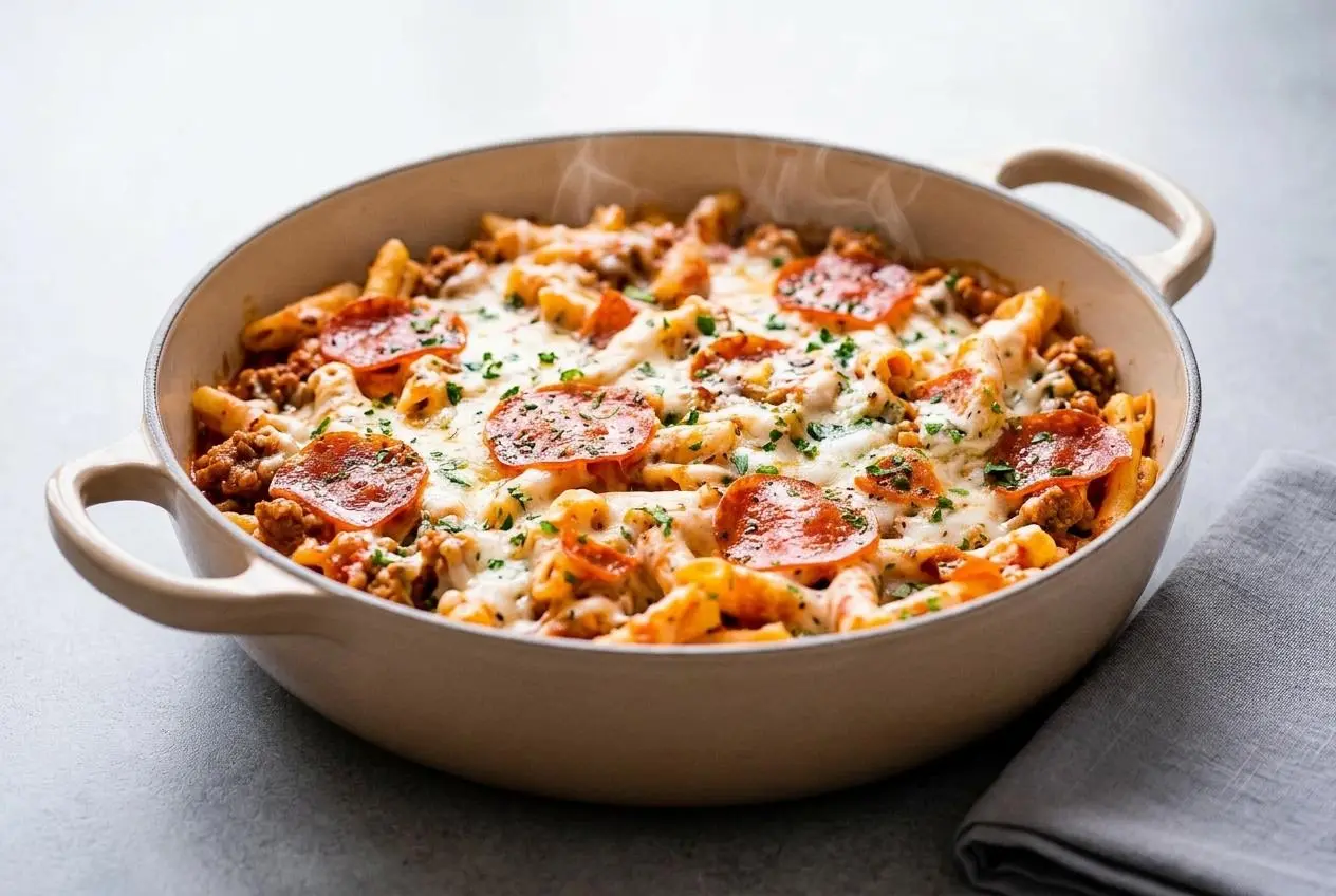 One Pot Pizza Pasta Bake in a blue Dutch oven, topped with bubbly, golden-brown broiled mozzarella cheese and crisp pepperoni slices.